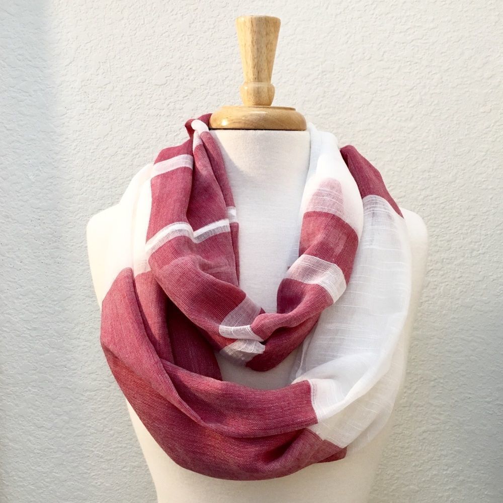 Soft Red & White Wide Striped Woven Infinity Scarf
